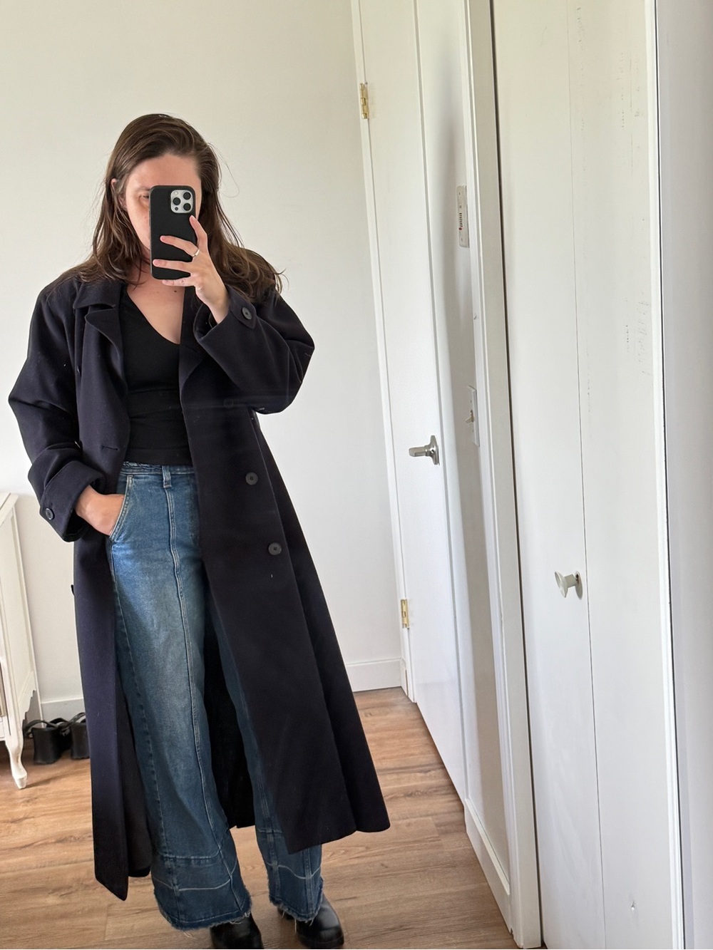 Vintage Navy Blue Wool Cashmere Maxi Coat Oversized Minimalist Neutral 10